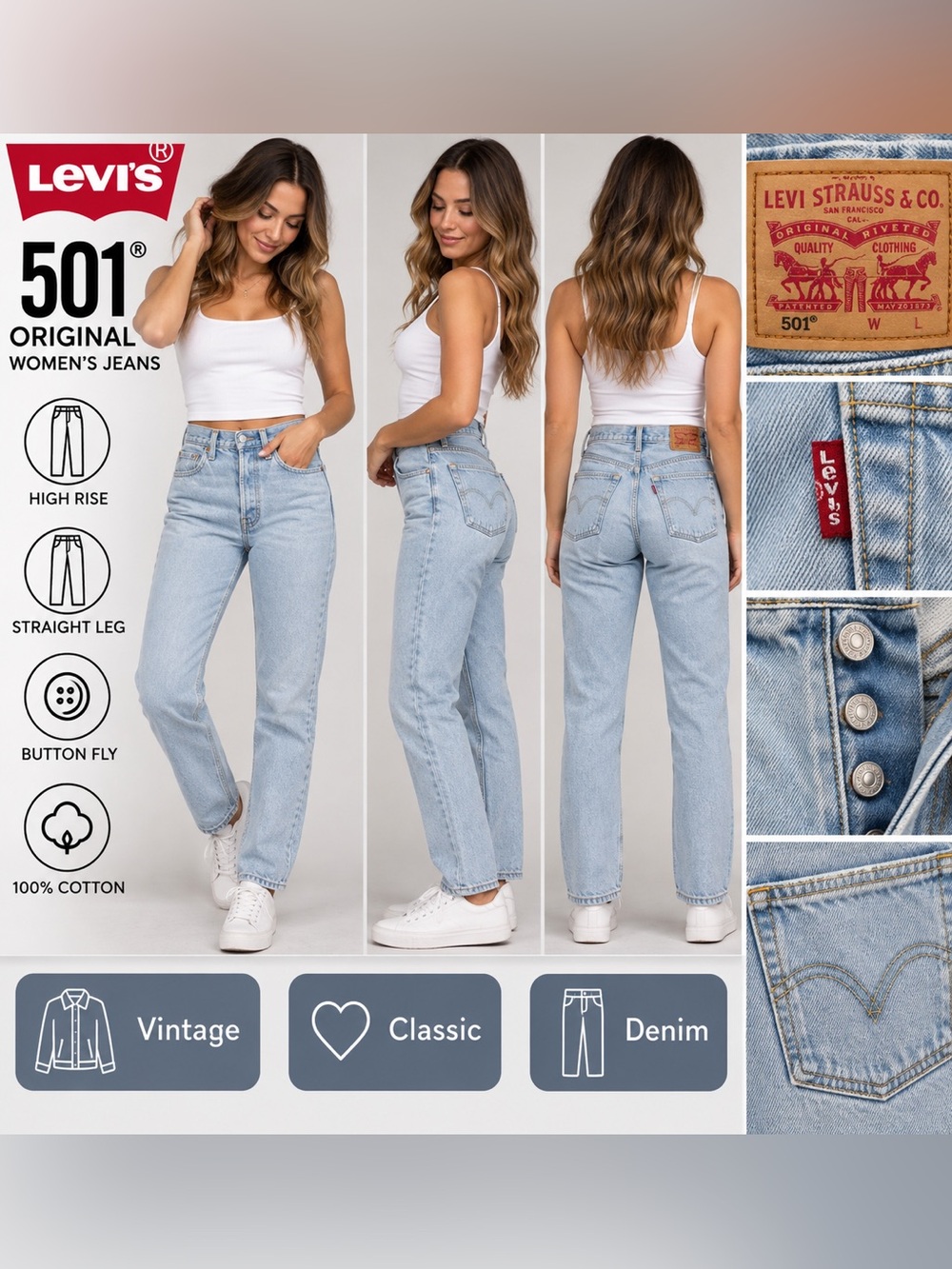 Levi’s 501 Original Women’s Jeans W25 L30 Light Wash High Rise Straight Leg